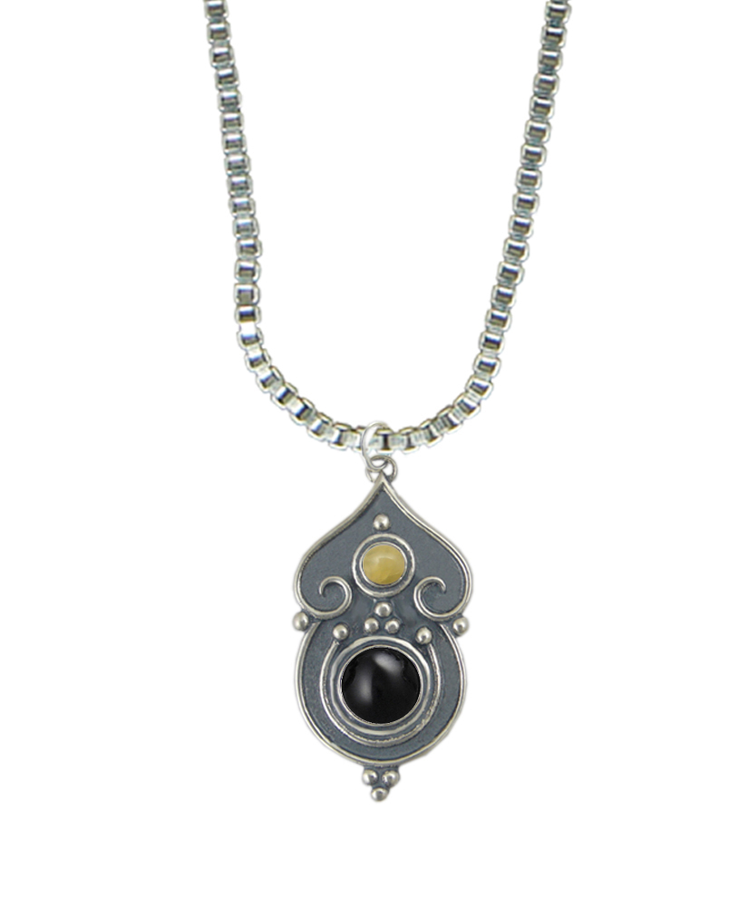 Sterling Silver Necklace Black Onyx And Yellow Aragonite